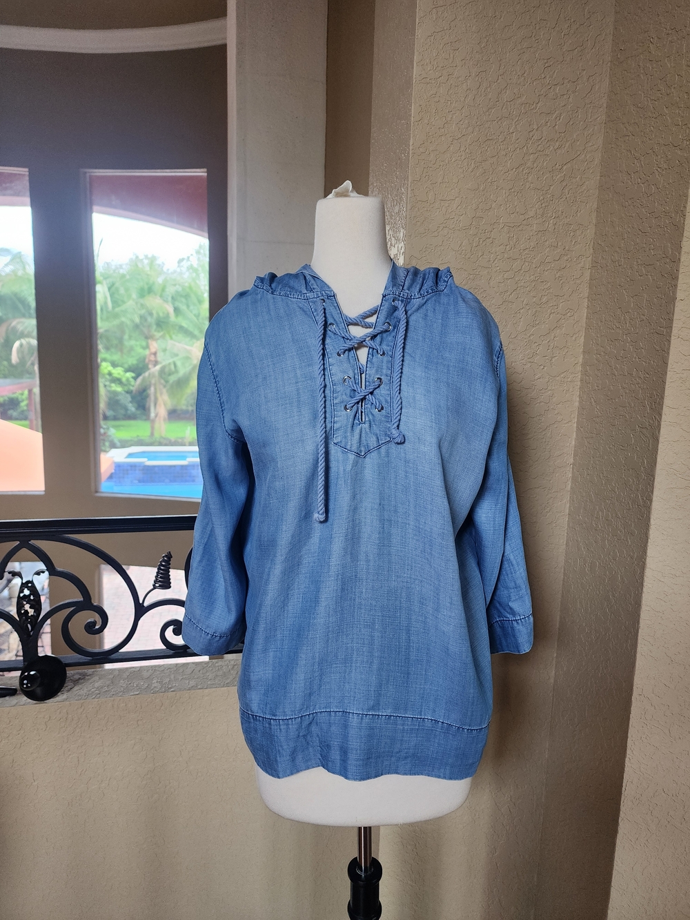 Chico's Light Blue Lace-Up Chambray Tunic